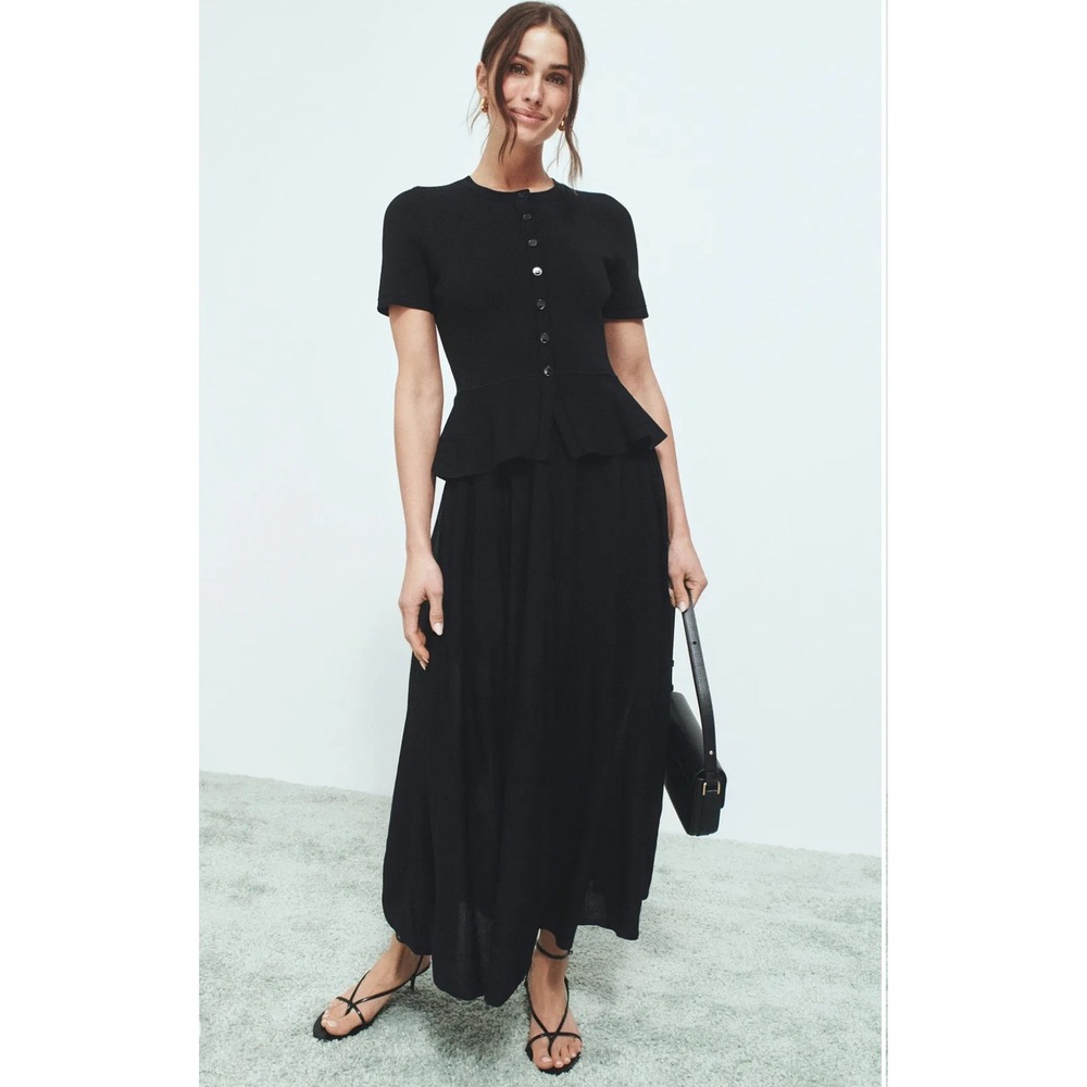 Sandro Judith Black Peplum Maxi Dress Ribbed Knit Button Front Noir Size 40 NEW